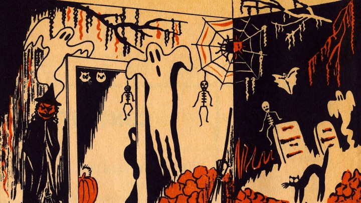 Vintage Halloween illustration with ghosts witch skeletons