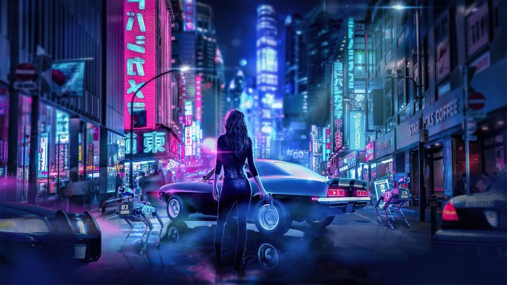 Woman by car cyberpunk city night robots
