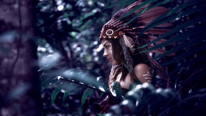 Woman in headdress dreamcatcher sunset golden hour