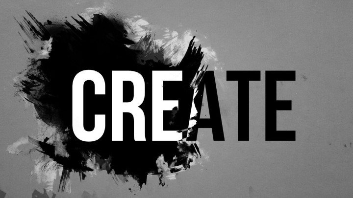 Word CREATE over black abstract shape and grey background