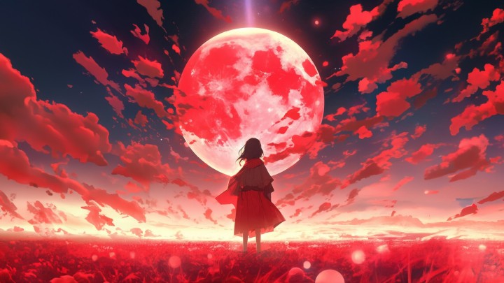 Young girl looking at a large red moon in a field