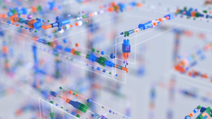 Abstract 3D rendering of interconnected geometric shapes in blue, green, orange, and purple