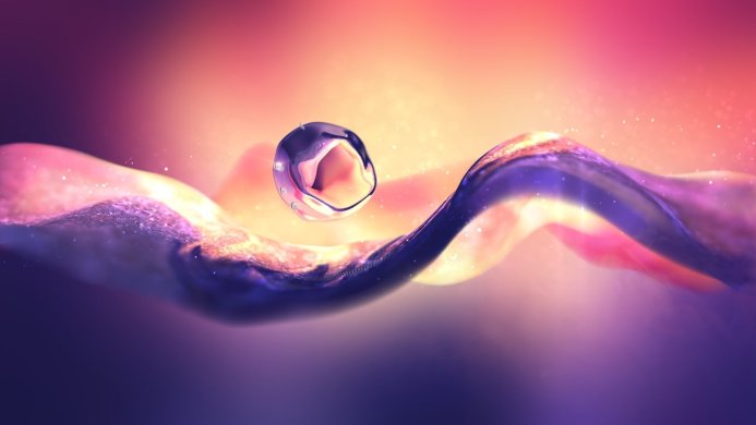 Abstract 3D shape with fluid purple and gold colors against a pink and orange background