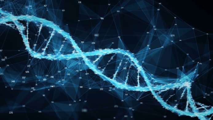 Abstract blue DNA strand connected by lines with various numbers on a dark blue background