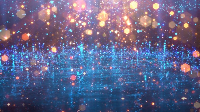 Abstract background with blue and orange bokeh lights, stars, and hexagons