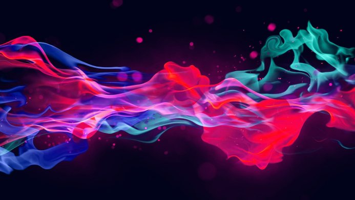 Abstract shapes of blue, red, and green flowing on a dark background