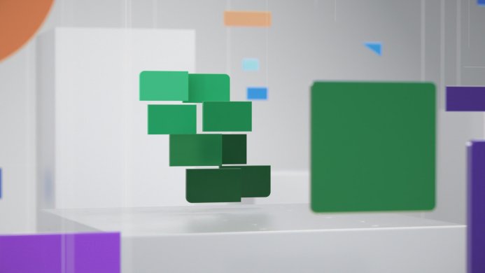 Abstract geometric composition with green, purple, orange and blue shapes on a white background