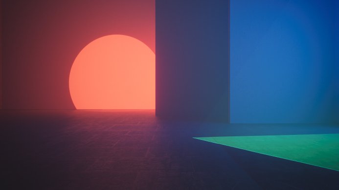 Abstract geometric shapes with red, blue, and green lighting
