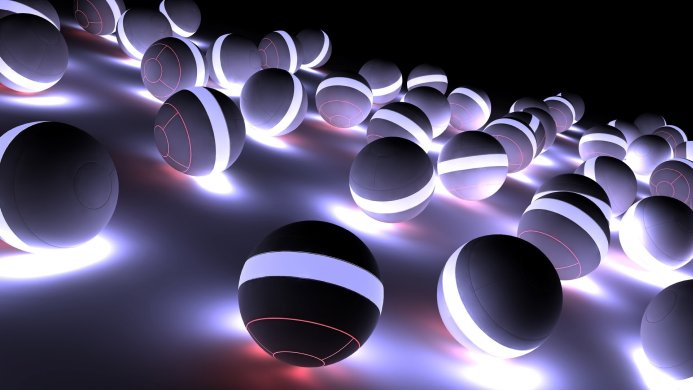 Abstract image of illuminated black and white spheres with red details on a dark background
