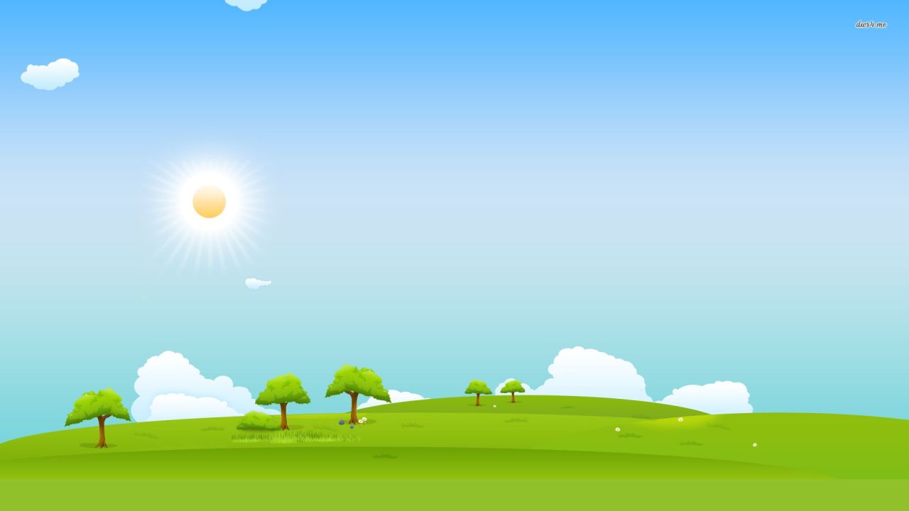 Cartoon landscape with green hills trees sun and clouds
