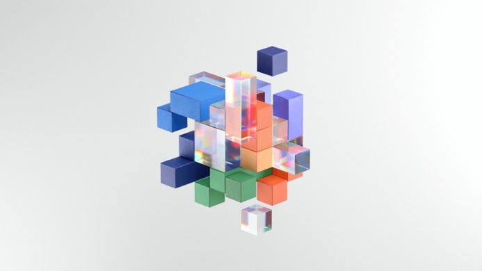 A cluster of colorful, geometric cubes against a white background