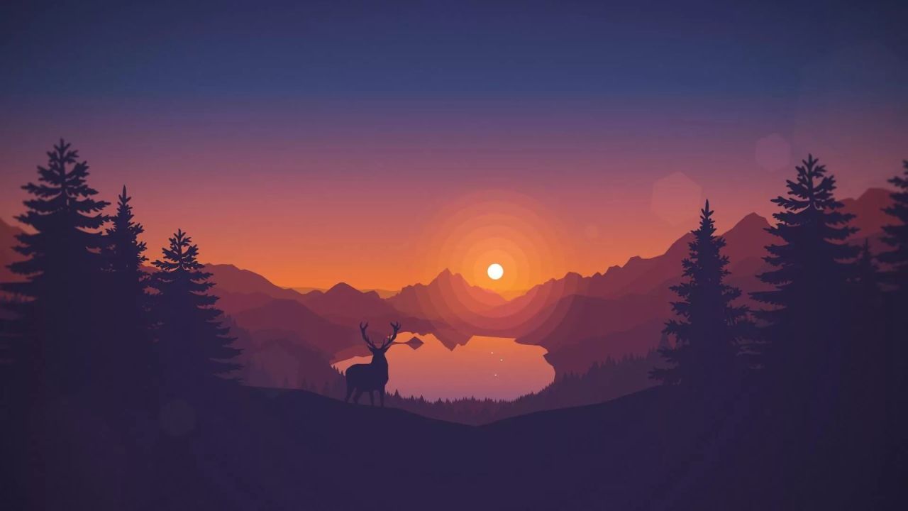 Deer silhouette at sunset mountains lake and trees
