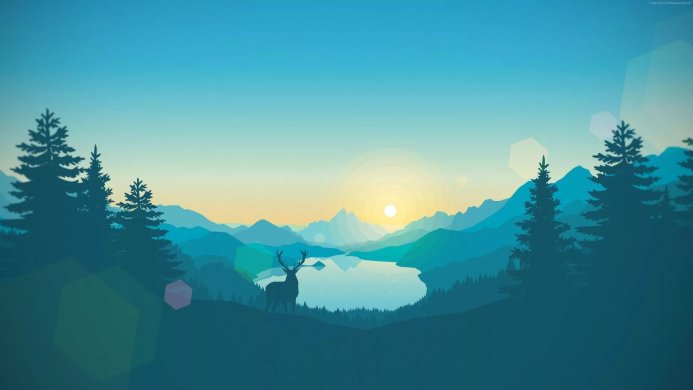 Silhouette of a deer against a mountain range with lake and rising sun in shades of blue, green and yellow