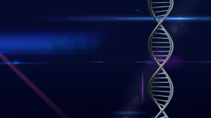 A silver DNA double helix against a dark blue background with light effects
