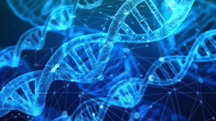 Blue DNA double helix strand over a network background