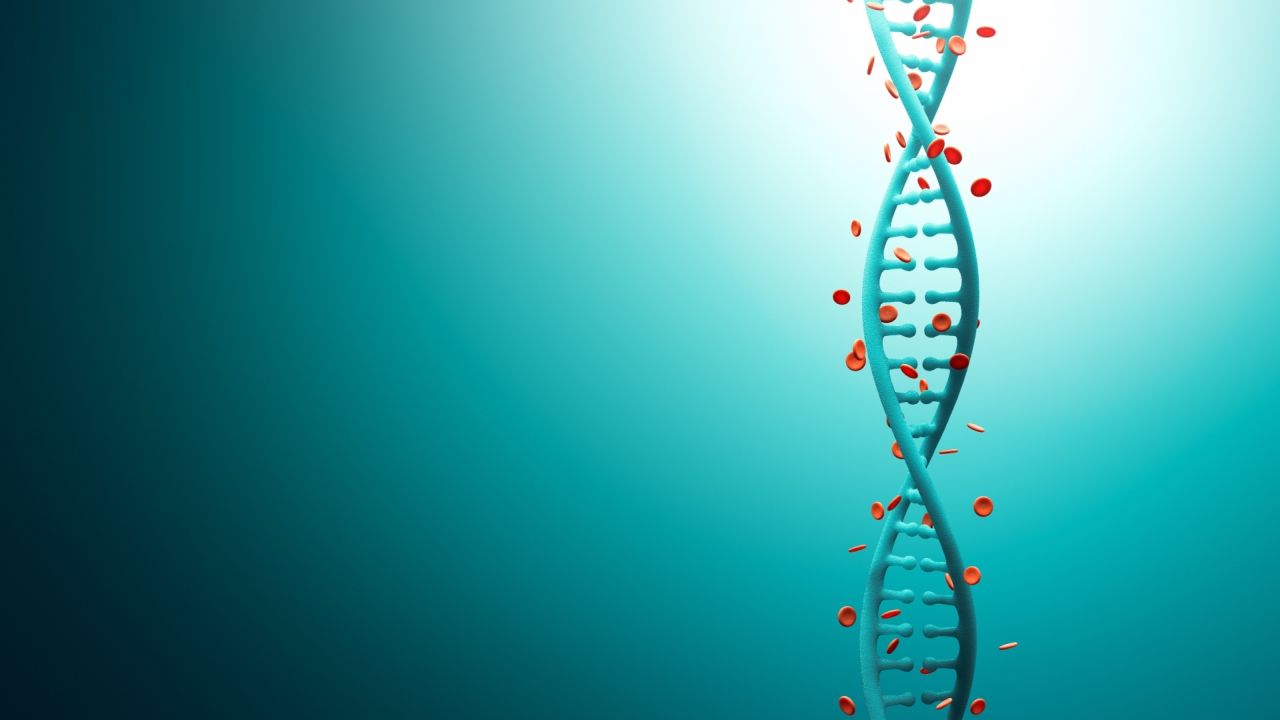 Blue DNA helix and red blood cells