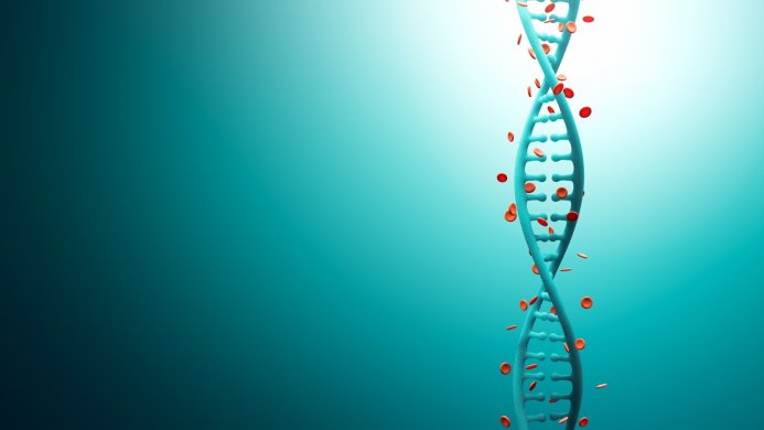 A DNA molecule with red cells on a blue background