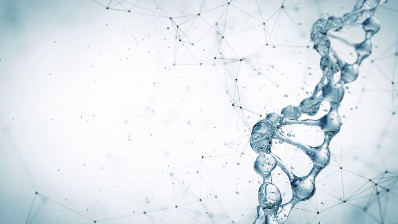 Stylized liquid DNA helix with abstract network background