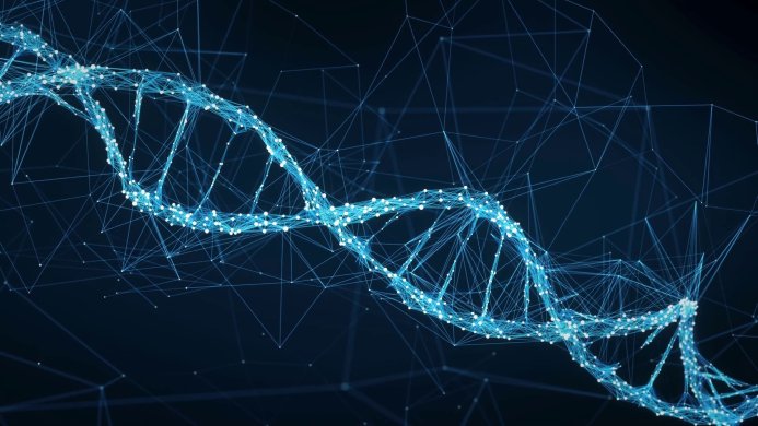 Abstract image of a blue DNA strand connected by lines on a dark background