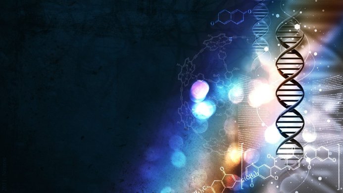 DNA strand against a background of chemical structures and scientific text