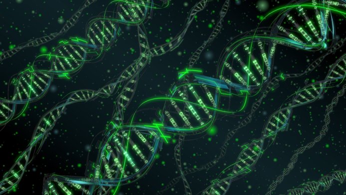 3D rendering of DNA strands in green on a dark blue background