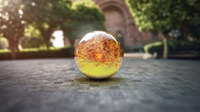 A Dragon Ball with an orange star inside on a stone surface, trees and part of a building on the background