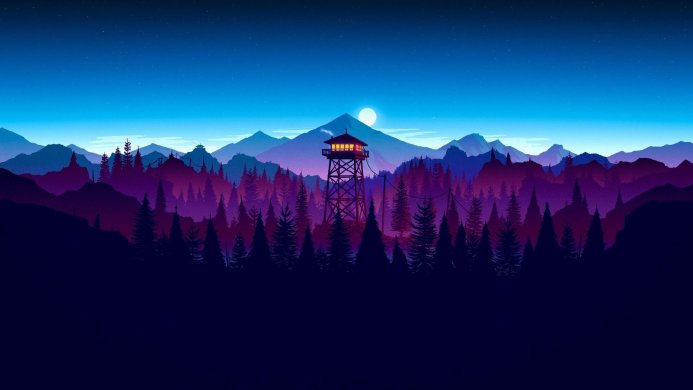 A watchtower in a forest at night with mountains in the background and a starry sky