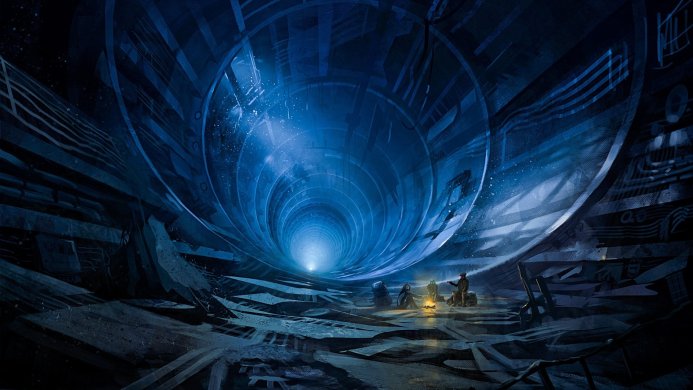 People around a bonfire inside a futuristic tunnel
