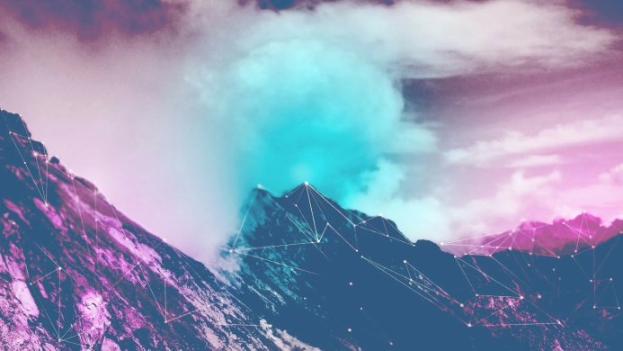 Mountains with geometric lines against a purple, pink and blue sky