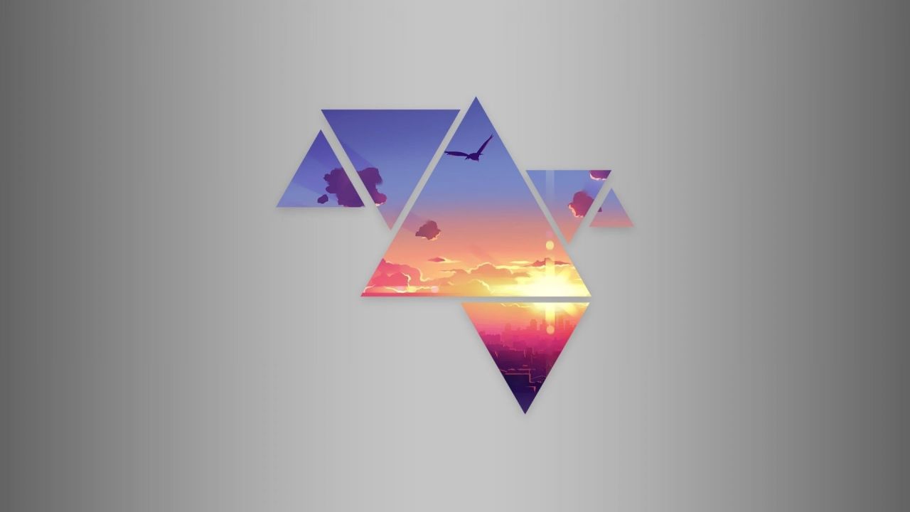 Geometric landscape with triangles sunset city bird
