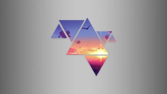 Geometric sunset landscape with cityscape and bird silhouette inside triangles