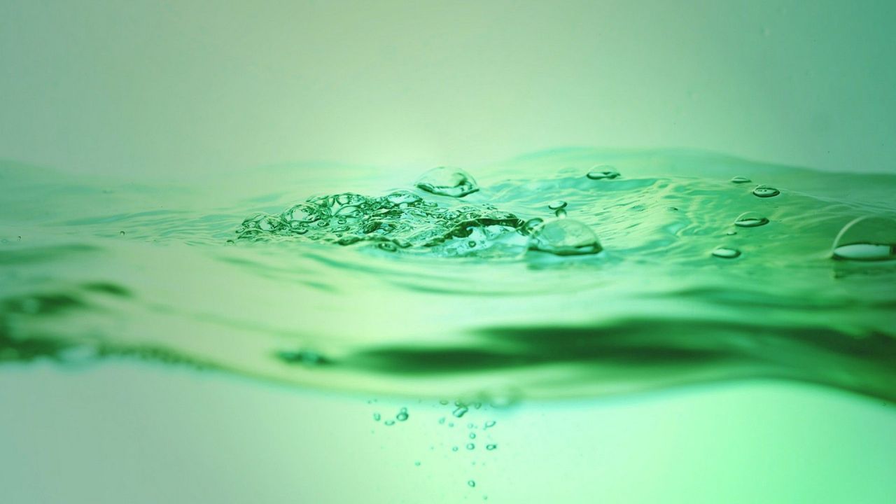 Macro photo of green water surface with bubbles