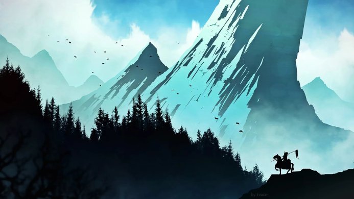 Silhouette of a horse rider in front of blue mountains and a forest