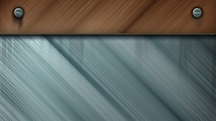 Brushed metal sheet with a wooden plank on top, secured with screws. Industrial texture background