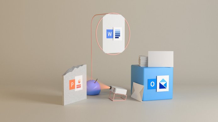 Microsoft Office icons (Word, PowerPoint, Outlook) in a stylized 3D rendering