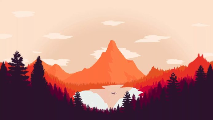 A minimalist landscape featuring mountains, a lake, trees, and a small boat under an orange sky
