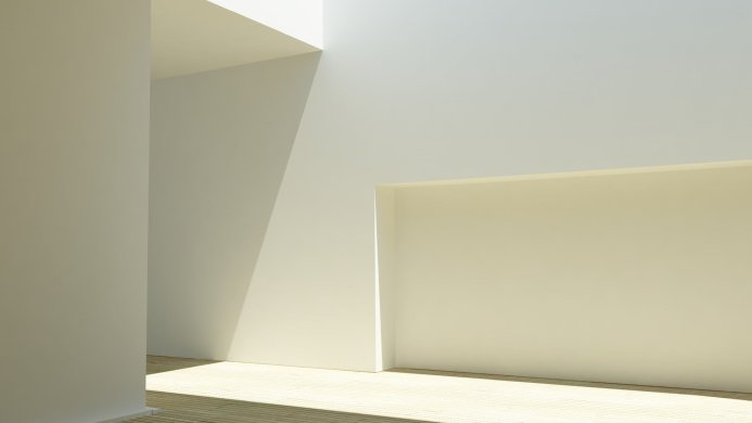 Minimalist white interior with sunlight creating shadows on the walls and wooden floor