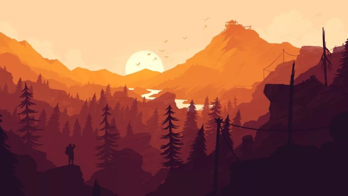 Orange landscape with mountains, forest, and a figure silhouetted against the sun
