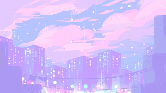 Pastel cityscape with glowing windows and soft clouds, pink and purple hues