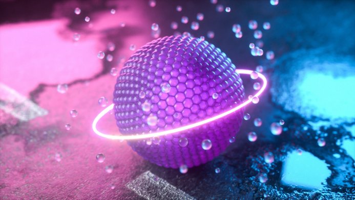 A purple orb with a glowing ring, surrounded by floating bubbles in a neon-lit environment