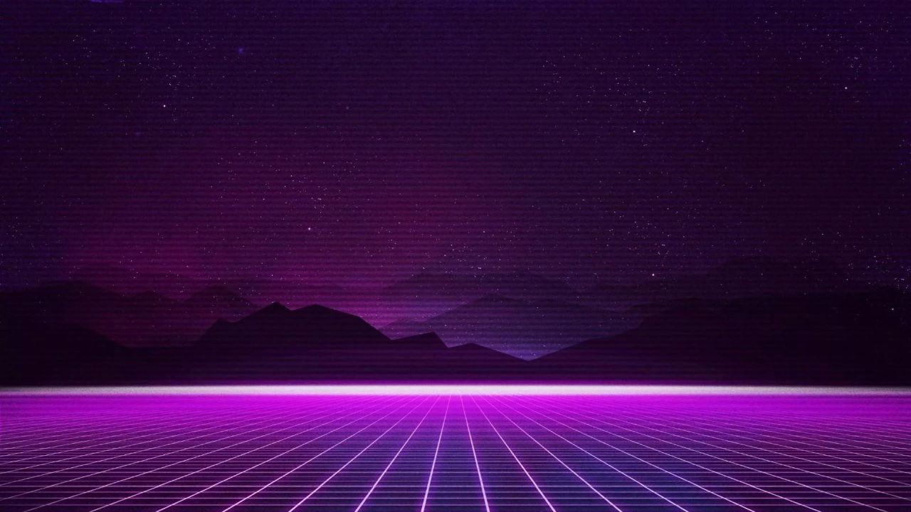 Retrowave landscape purple grid starry sky mountains