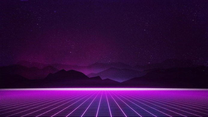 Retro 80s style image with mountains, stars, and a neon grid