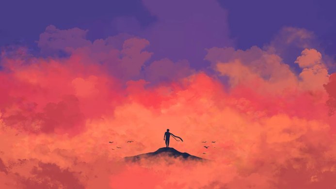 Silhouette of a person standing on a hill, with colorful clouds and birds in the sky
