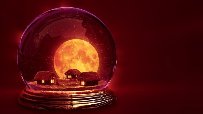 Snow globe with houses and a glowing moon inside, red background