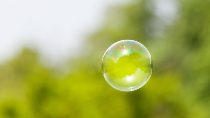 A soap bubble floats against a blurred green background