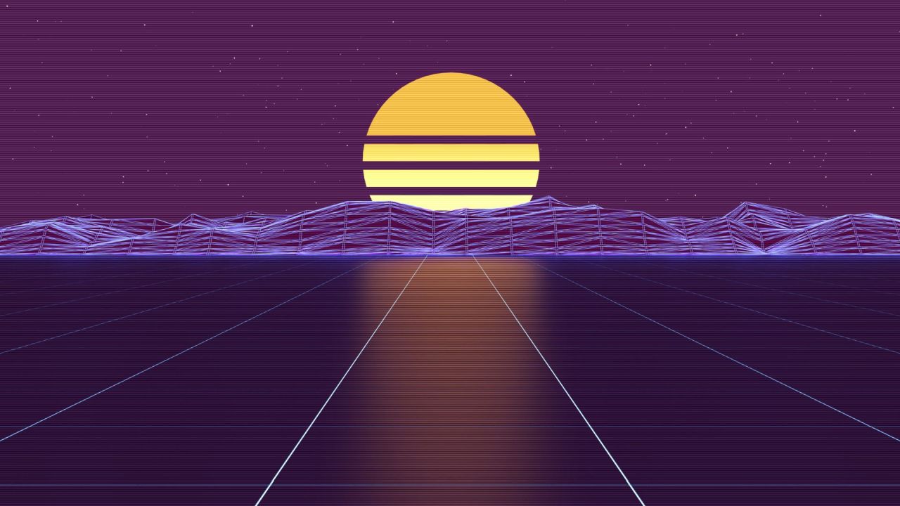 Retrowave landscape with grid sun and neon mountains