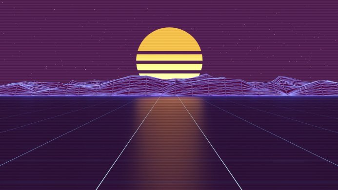 Synthwave landscape with a sun, grid, and mountains in purple, yellow, and orange
