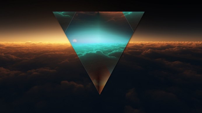 A triangle overlaying a cloudscape with a setting sun and a teal-colored geometric texture