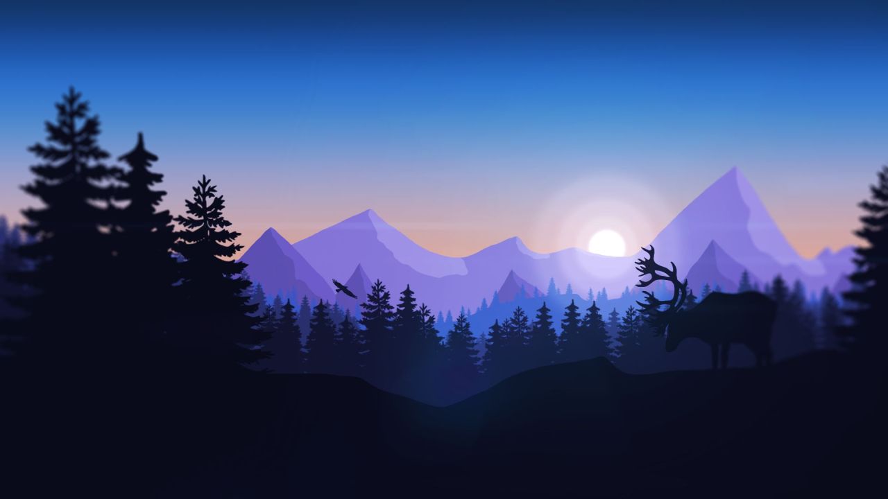 Minimalist landscape with mountains forest reindeer bird