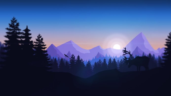 Vector landscape with mountains, trees, deer and bird at sunset in blue and purple tones